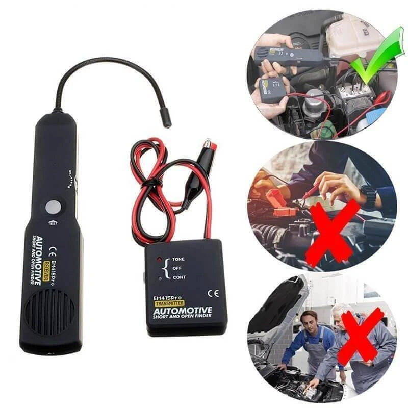 "Digital diagnostisk bilkrets skanner, svart handhållen enhet med LED, flexibel sond för bilfelsökning."