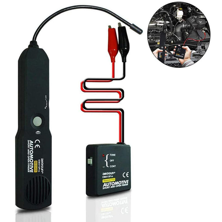 "Digital diagnostisk bilkrets skanner, svart handhållen enhet med LED, flexibel sond för bilfelsökning."