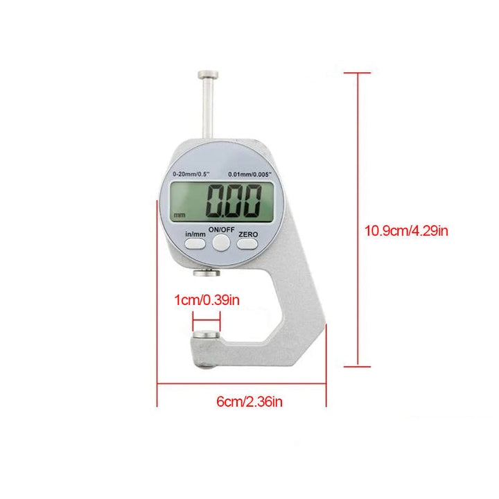 "Digital Display Tjockleksmätare med stor LCD, mäter materialtjocklek som läder och papper, kompakt och lättanvänd."