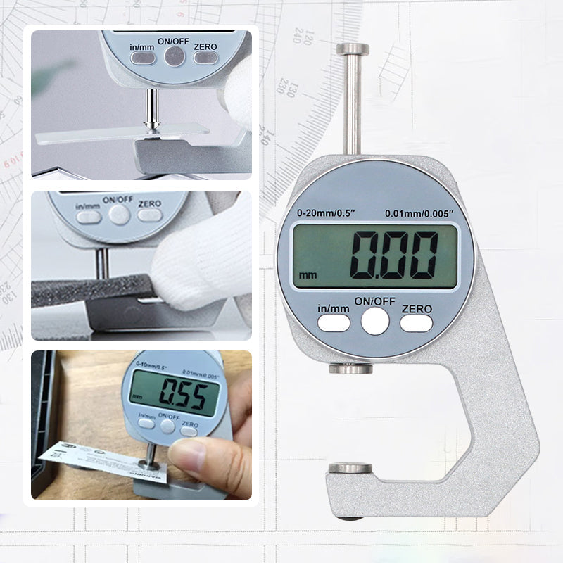 "Digital Display Tjockleksmätare med stor LCD, mäter materialtjocklek som läder och papper, kompakt och lättanvänd."