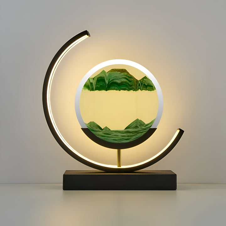 "Dimbar LED-sandlampa med fjärrkontroll, elegant design, avkopplande ljusspel, metall och glas, finns i flera färger."
