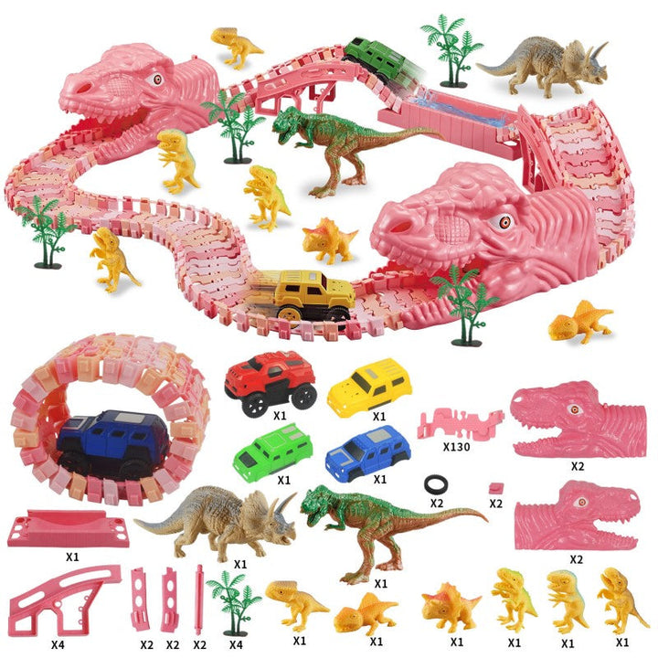 "Dinosaurie Loppbana för barn med snurrande spår och LED bilstöd, färgglad bana stimulerar kreativitet och motorik."