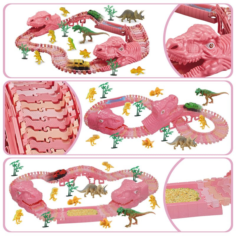 "Dinosaurie Loppbana för barn med snurrande spår och LED bilstöd, färgglad bana stimulerar kreativitet och motorik."