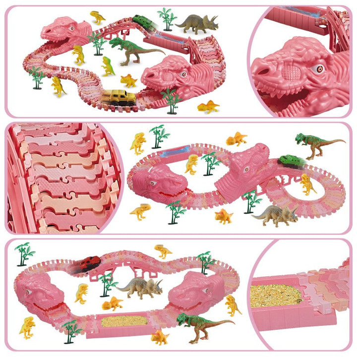 "Dinosaurie Loppbana för barn med snurrande spår och LED bilstöd, färgglad bana stimulerar kreativitet och motorik."
