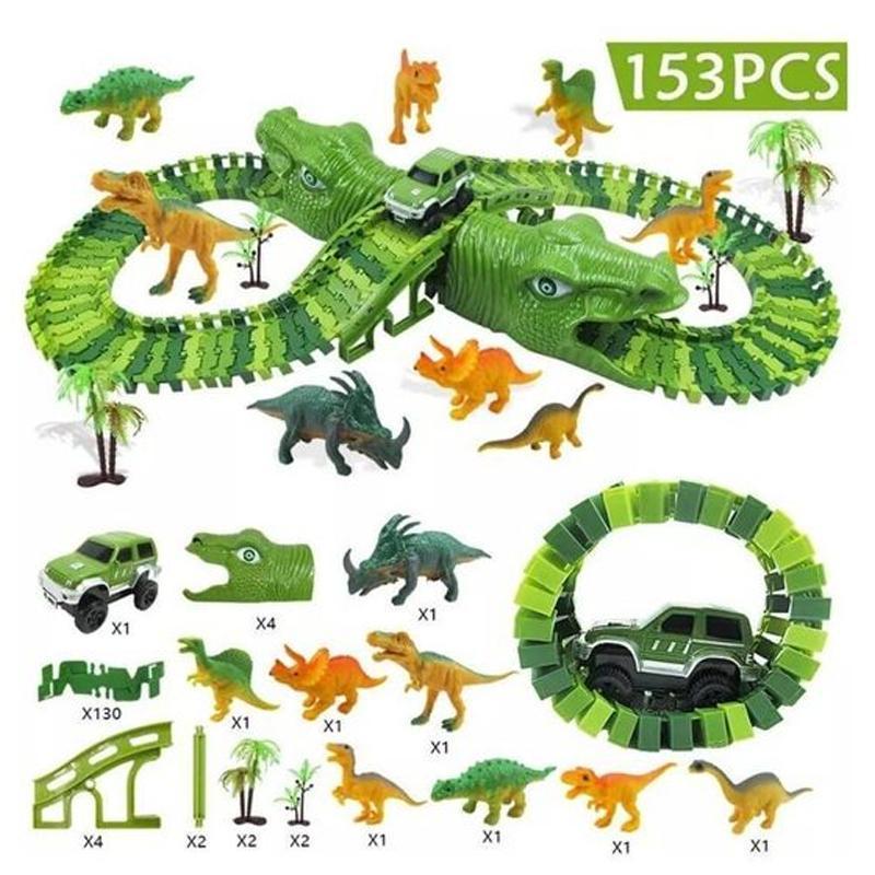 "Dinosaurie Loppbana för barn med snurrande spår och LED bilstöd, färgglad bana stimulerar kreativitet och motorik."