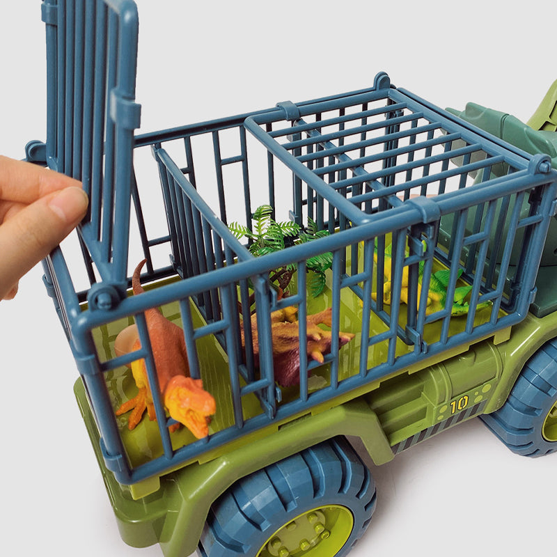 "Dinosaurie transport lastbil lekset för barn med stort T-Rex-huvud, öppningsbar bur och friktionsdrivna bilar."