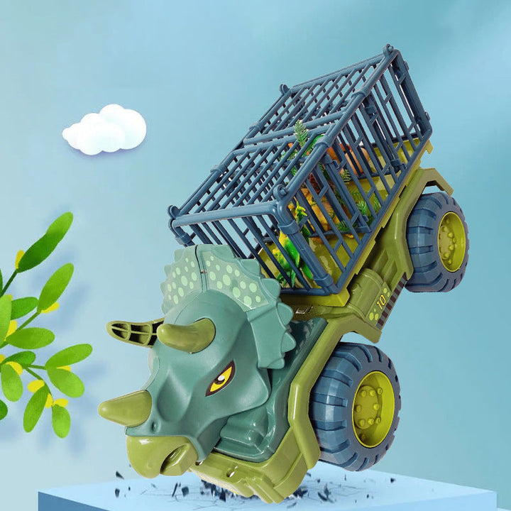 "Dinosaurie transport lastbil lekset för barn med stort T-Rex-huvud, öppningsbar bur och friktionsdrivna bilar."