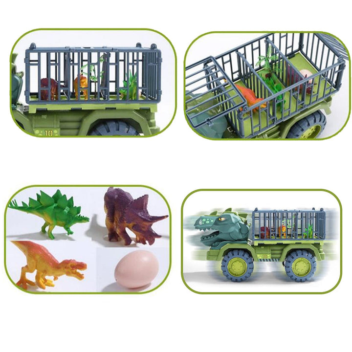 "Dinosaurie transport lastbil lekset för barn med stort T-Rex-huvud, öppningsbar bur och friktionsdrivna bilar."