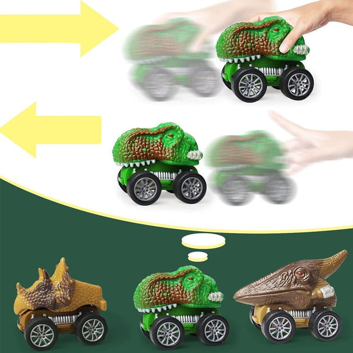 "Dinosaurie transportör med ljus och ljud för barn, grön leksaksbil med dinosauriedetaljer och bärhandtag."