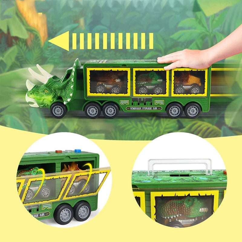 "Dinosaurie transportör med ljus och ljud för barn, grön leksaksbil med dinosauriedetaljer och bärhandtag."