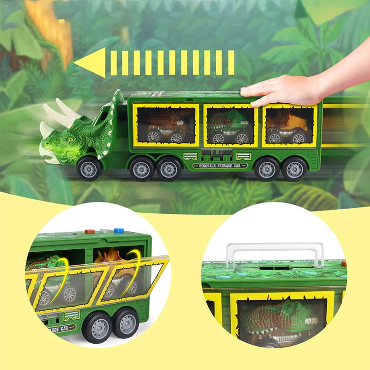 "Dinosaurie transportör med ljus och ljud för barn, grön leksaksbil med dinosauriedetaljer och bärhandtag."