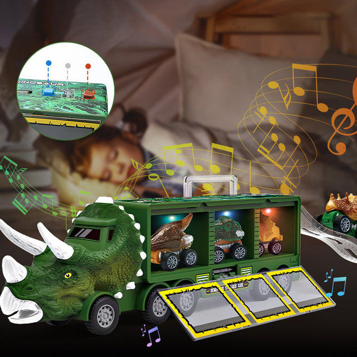 "Dinosaurie transportör med ljus och ljud för barn, grön leksaksbil med dinosauriedetaljer och bärhandtag."