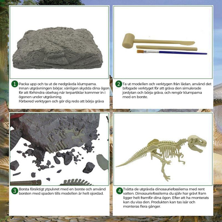 "Dinosauriefossil leksaker för barn, DIY kit med verktyg, pedagogisk arkeologisk upplevelse med grävbara fossilbitar."