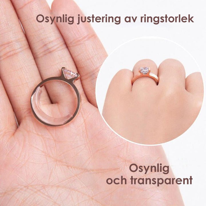 "Diskret ringjusterare i transparent TPU, ger perfekt passform och komfort för både herr- och damringar."