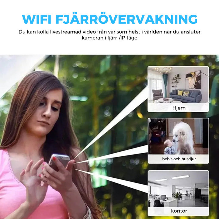 "Diskret svart mini WiFi-kamera för hemövervakning, 1080P HD, elegant design, mörkerseende och rörelsedetektion."