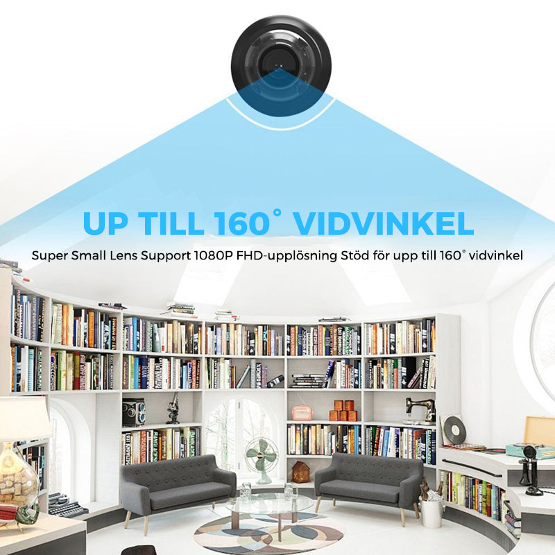 "Diskret svart mini WiFi-kamera för hemövervakning, 1080P HD, elegant design, mörkerseende och rörelsedetektion."