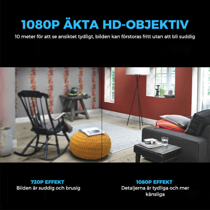 "Diskret svart mini WiFi-kamera för hemövervakning, 1080P HD, elegant design, mörkerseende och rörelsedetektion."