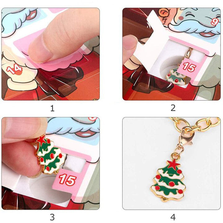 "DIY jularmband adventskalender för barn med charmarmband, snögubbe och jultomtemotiv i färgglad förpackning."