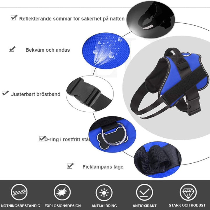 "Dragfri hundsele i reflekterande material, justerbara remmar, robust design, finns i flera färger för säkra promenader."