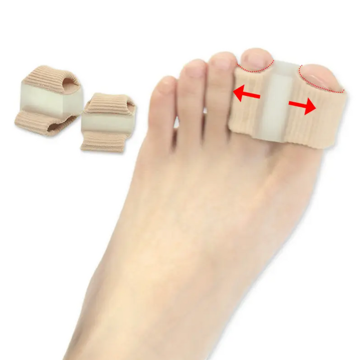 "Dubbel tåseparerare i mjukt material, perfekt för att lindra hallux valgus, diskret och bekväm dag och natt."