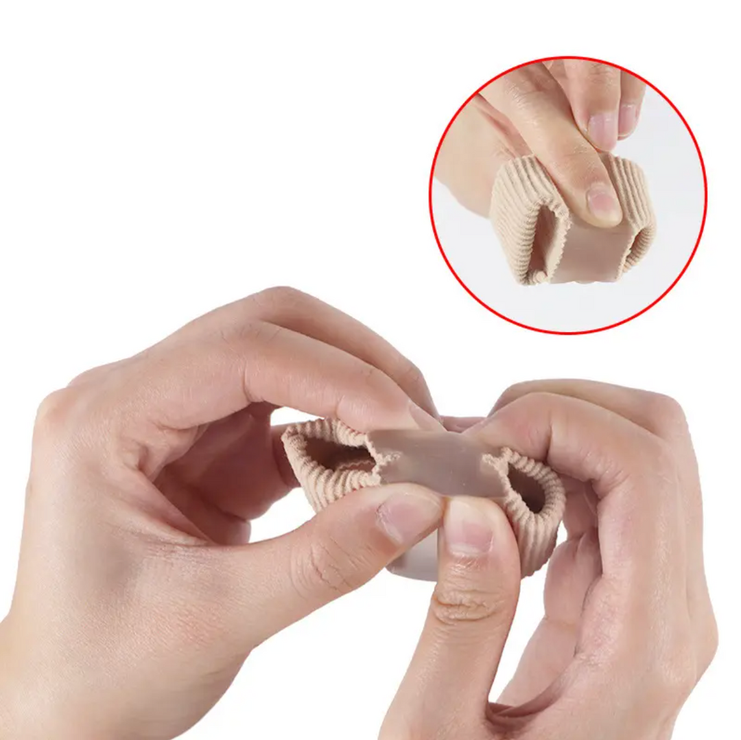 "Dubbel tåseparerare i mjukt material, perfekt för att lindra hallux valgus, diskret och bekväm dag och natt."