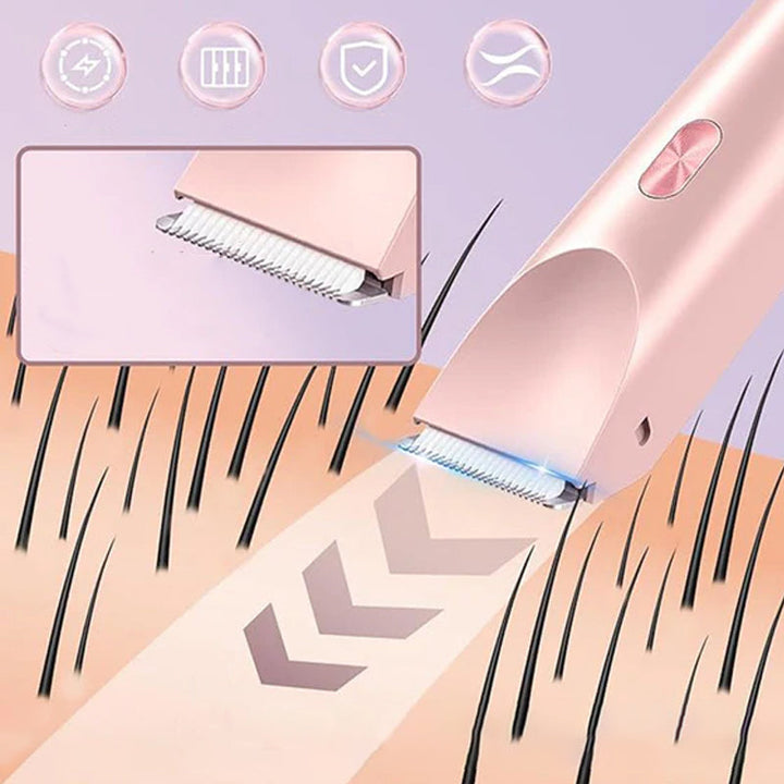 "Dubbelhuvudad hårtrimmer för kvinnor med precisionstrimning, elegant design och kompakt för enkel kroppsomsorg."