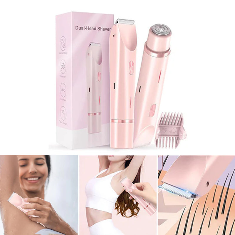 "Dubbelhuvudad hårtrimmer för kvinnor med precisionstrimning, elegant design och kompakt för enkel kroppsomsorg."