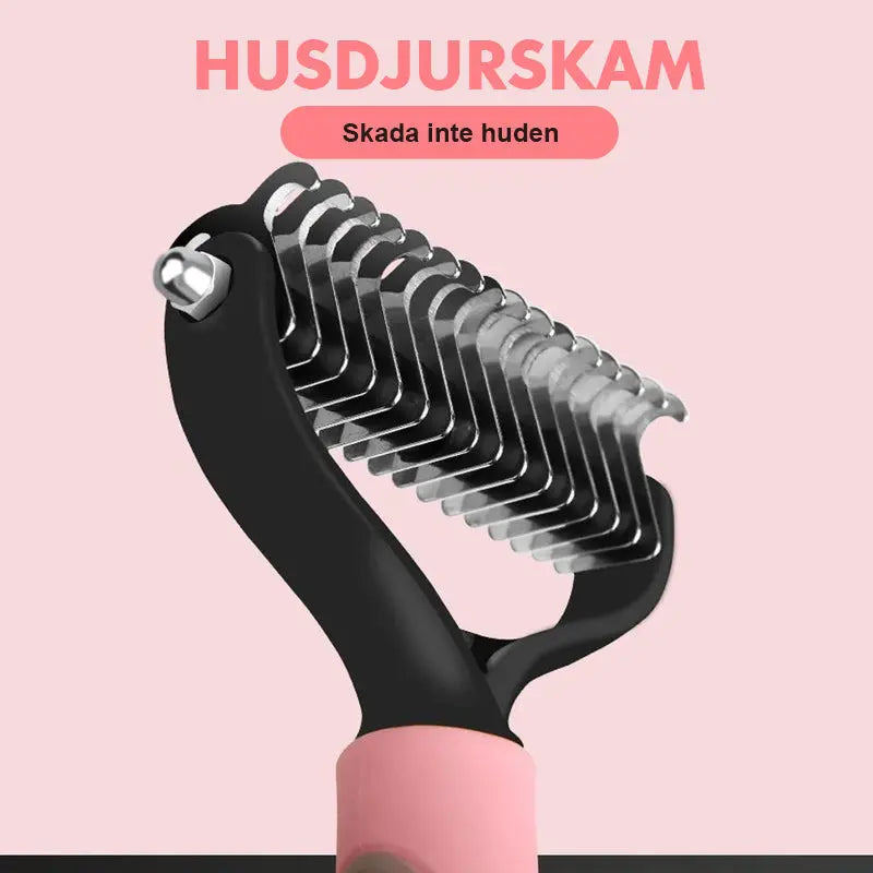 "Dubbelsidig husdjurskam för smärtfri pälsvård, rosa; med rostfria tänder för enkel trasselborttagning."
