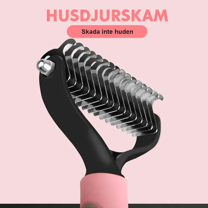 "Dubbelsidig husdjurskam för smärtfri pälsvård, rosa; med rostfria tänder för enkel trasselborttagning."