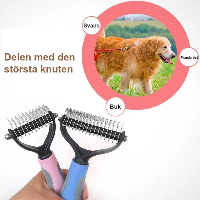 "Dubbelsidig husdjurskam för smärtfri pälsvård, rosa; med rostfria tänder för enkel trasselborttagning."