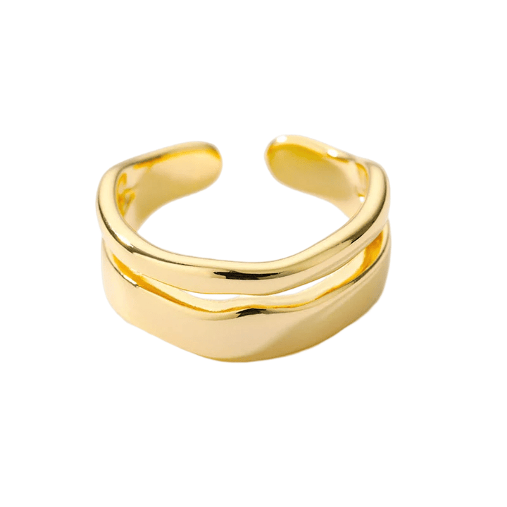 "Dubbelsidig justerbar ring för kvinnor med geometriska former, elegant design i vitguld, guld och silver."