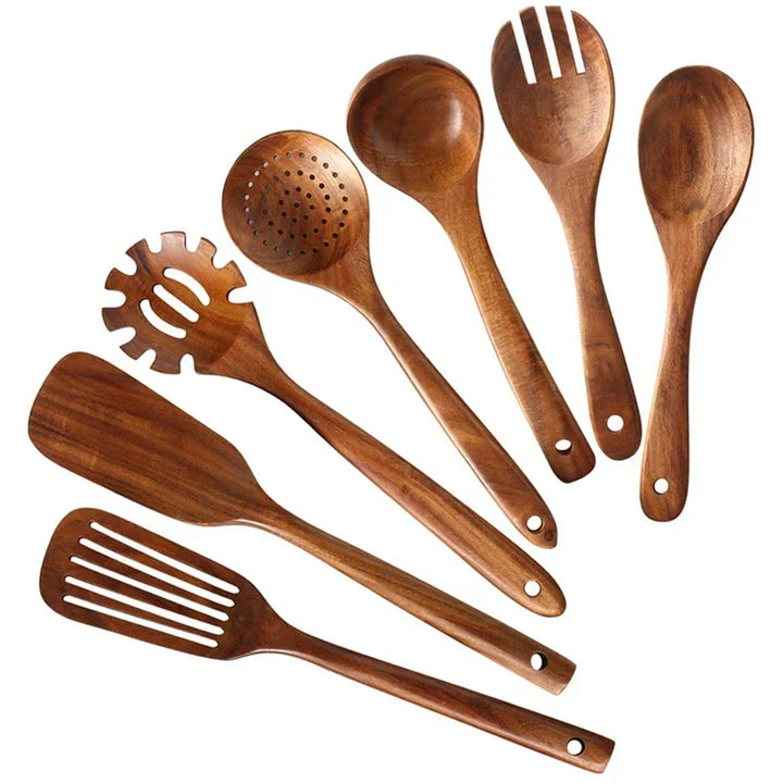 "EcoChef teak redskapsset, elegant och hållbar design i naturligt vackert trä för moderna kök, högkvalitativa redskap."