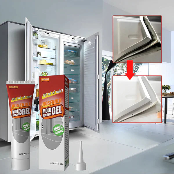 "Effektiv anti mögel gel i genomskinlig tub, applicerad på vit yta för snabb mögelborttagning och skydd."