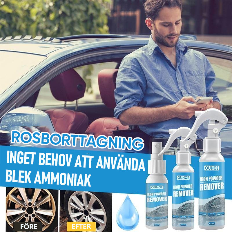 "Effektiv anti-rost spray för metall; grön flaska med blå etikett, skyddar och återställer glans på metallytor."