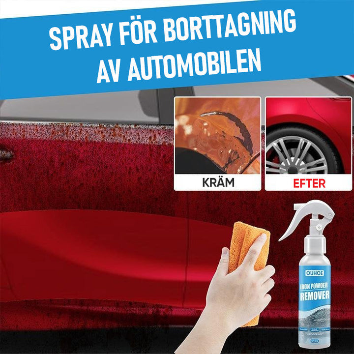"Effektiv anti-rost spray för metall; grön flaska med blå etikett, skyddar och återställer glans på metallytor."