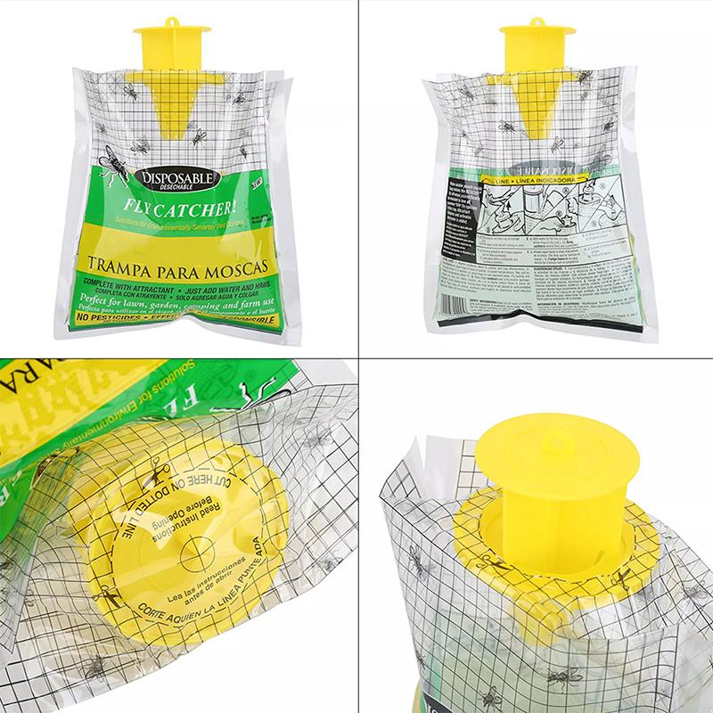 Effektiv flugfångare utomhus i engångsväska, grön plast med snörning, tar bort flugor i trädgård eller ladugård.