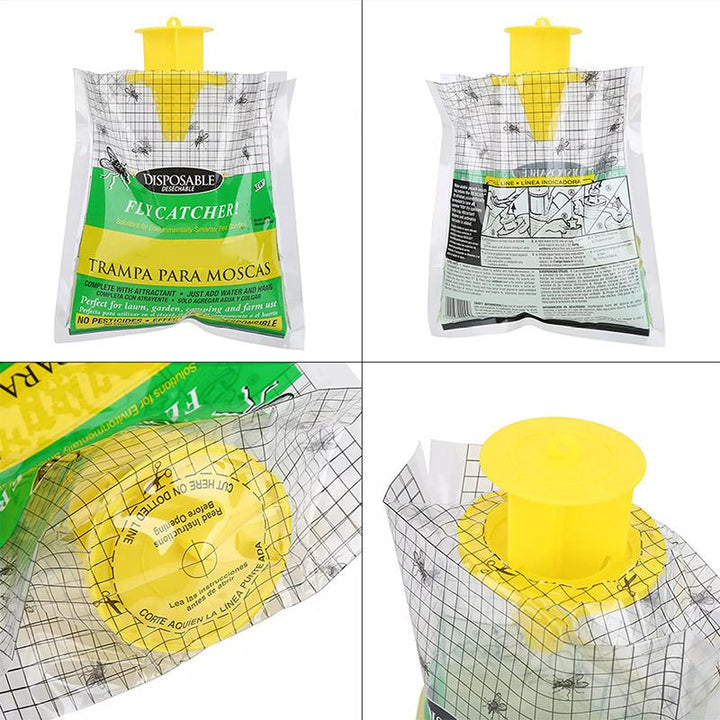 Effektiv flugfångare utomhus i engångsväska, grön plast med snörning, tar bort flugor i trädgård eller ladugård.