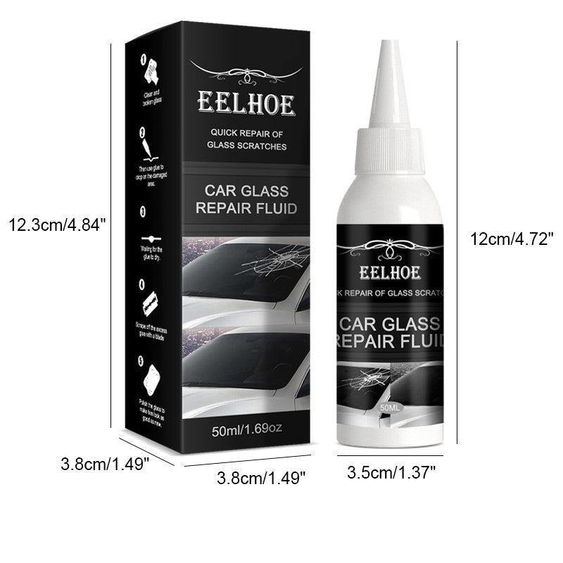 "Effektiv reparationsvätska för bilvindruta appliceras på liten spricka, eliminerar skador med enkelhet, utan extra verktyg."