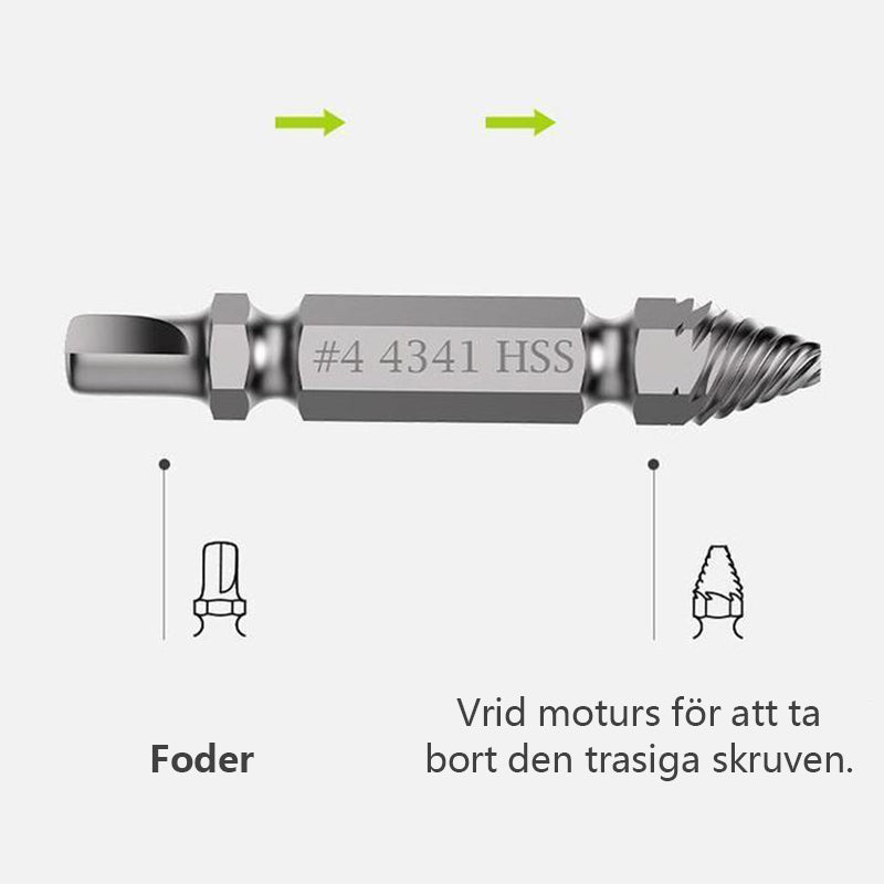 "Effektiv skruvutdragare i stål, avlägsnar skadade skruvar. Perfekt för gör-det-själv-projekt i trädgård och hem."