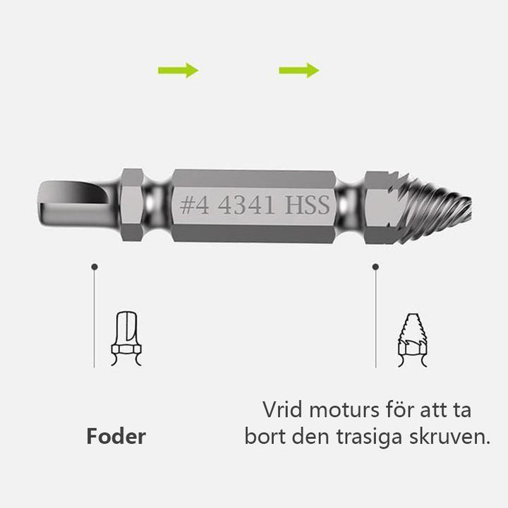 "Effektiv skruvutdragare i stål, avlägsnar skadade skruvar. Perfekt för gör-det-själv-projekt i trädgård och hem."