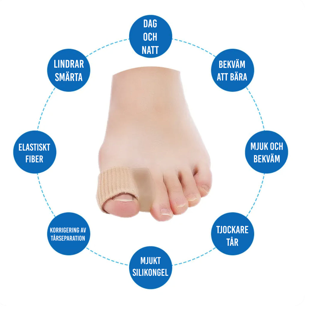 Effektiv tåseparerare för hallux valgus, justerar stortån, hudvänligt material, bekväm och lätt att använda.