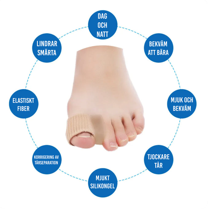 Effektiv tåseparerare för hallux valgus, justerar stortån, hudvänligt material, bekväm och lätt att använda.