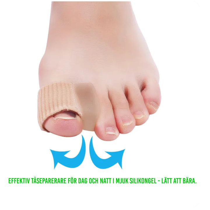Effektiv tåseparerare för hallux valgus, justerar stortån, hudvänligt material, bekväm och lätt att använda.