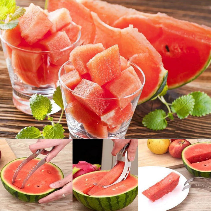 "Effektiv vattenmelonskärare i rostfritt stål och TPR, snabb och säker för kök, perfekt för melonskivor"