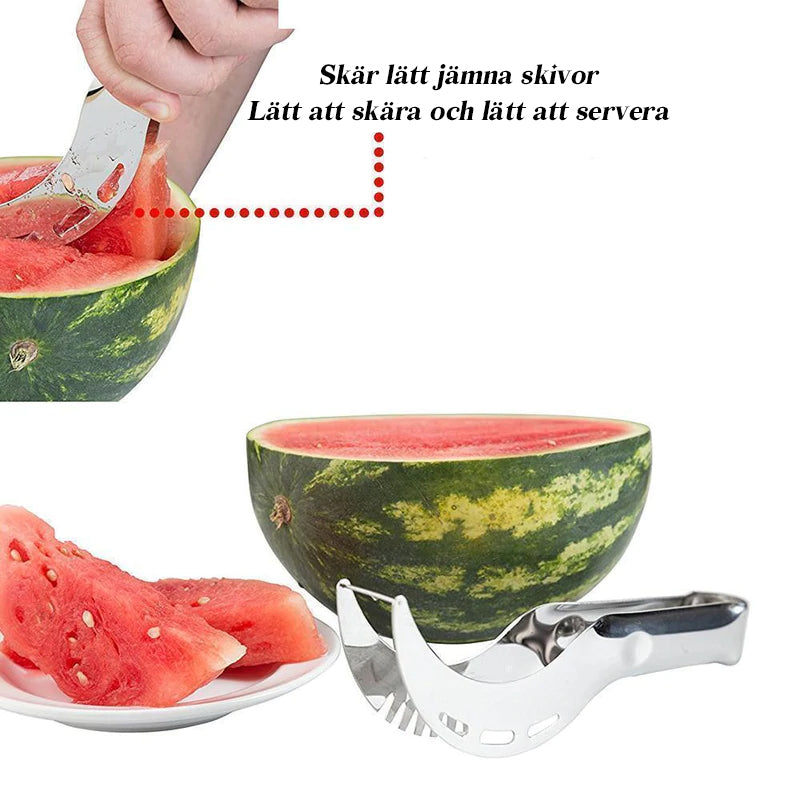 "Effektiv vattenmelonskärare i rostfritt stål och TPR, snabb och säker för kök, perfekt för melonskivor"