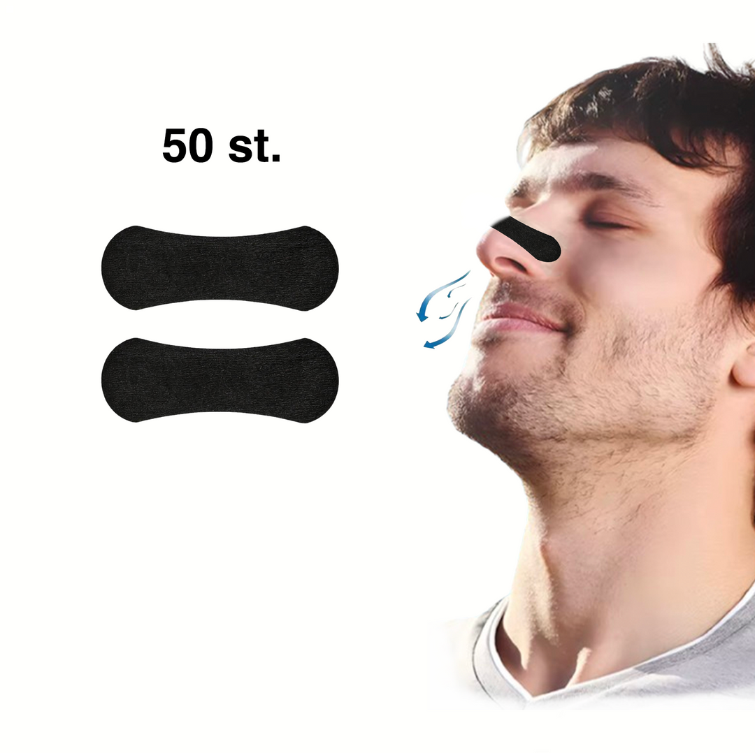 "Effektiva näsremsor för förbättrad andning och minskad snarkning, levereras i 50-pack, diskret och bekväm design."
