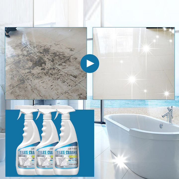 "Effektivt kakel- och fogrengöringsspray, frostat sprayflaska med blå etikett, för fläckfri rengöring av kakel och fogar"