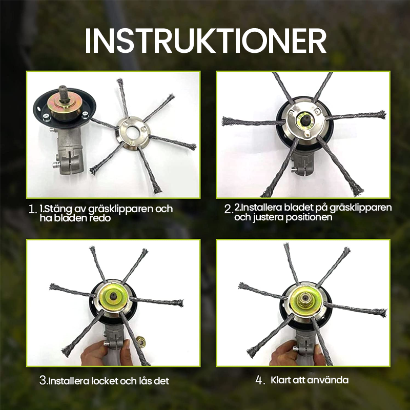 "Effektivt trimmerhuvud av ståltråd för ogräsbekämpning, kolstålkonstruktion, robust design för trädgårdsunderhåll."
