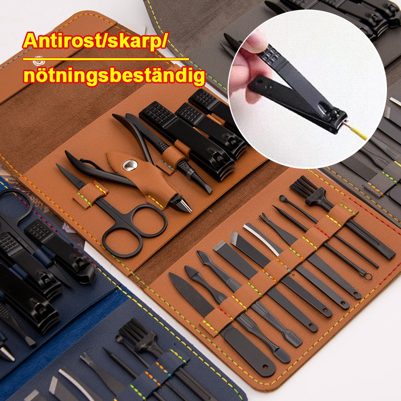 "Elegant 16-delars nagelkit i rostfritt stål, för personlig vård av naglar, ansikte och fötter, i stilren läderförpackning."