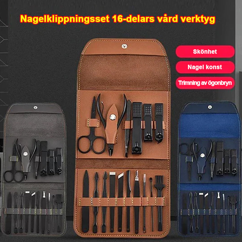 "Elegant 16-delars nagelkit i rostfritt stål, för personlig vård av naglar, ansikte och fötter, i stilren läderförpackning."